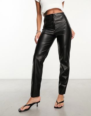 Pieces faux leather high waist straight leg pants in black