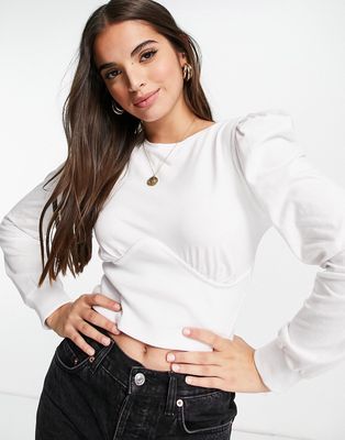 Pieces fenella long sleeve cup detail crop top in white