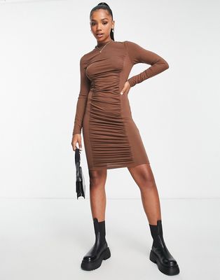 Pieces Finta ruched body-conscious mini dress in brown