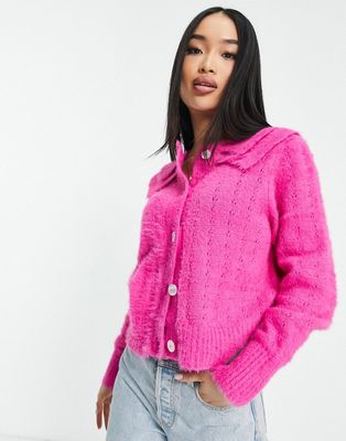 Pieces fluffy frill collar cardigan in bright pink-Green