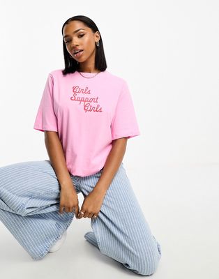 Pieces 'girls support girls' slogan t-shirt in pink