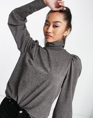 Pieces glittery oversized sleeve high neck top in gray