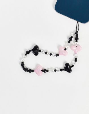 Pieces heart beaded phone charm in pink & black-Multi
