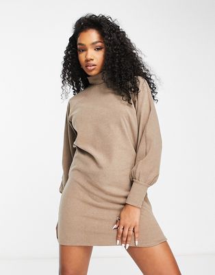 Pieces high neck knitted dress in beige-Neutral