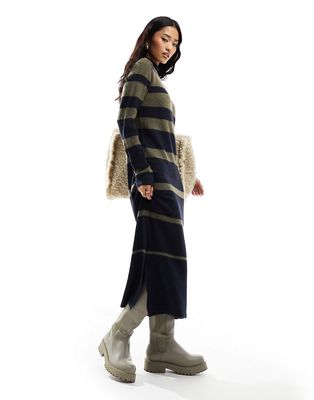 Pieces high neck knitted midi sweater dress in khaki & blue stripe-Multi