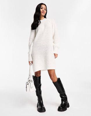 Pieces high neck knitted mini sweater dress in cream-White