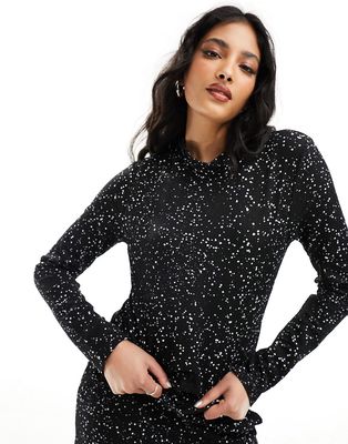 Pieces high neck long sleeve top in black paint splatter print - part of a set