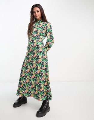 Pieces high neck midi dress in multi floral