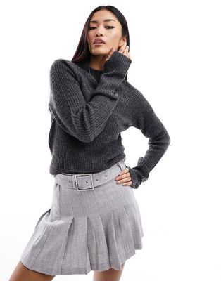 Pieces high neck ribbed sweater in charcoal-Gray