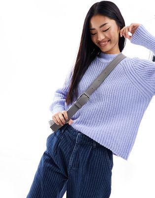 Pieces high neck sweater with balloon sleeves in blue