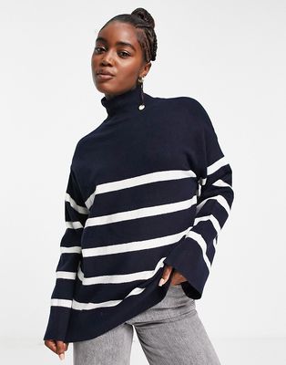 Pieces high neck sweater with wide sleeve in navy stripe