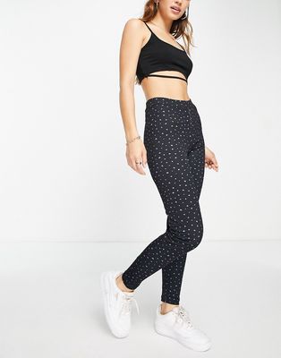 Pieces high waisted leggings in black with purple hearts