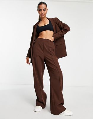 Pieces high waisted wide leg tailored pants in chocolate - part of a set-Brown