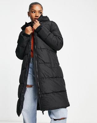 Pieces hooded longline padded coat in black