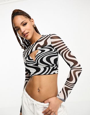 Pieces long sleeve cut out top in black and white swirl print