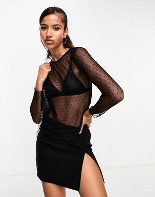 Pieces long sleeved mesh dot top in black