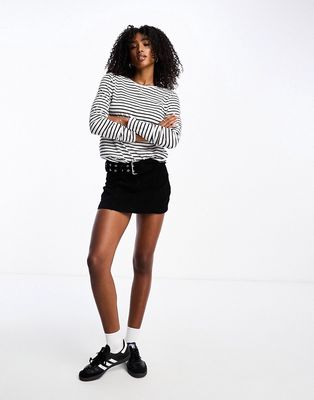 Pieces long sleeved t-shirt in white and navy stripes-Multi