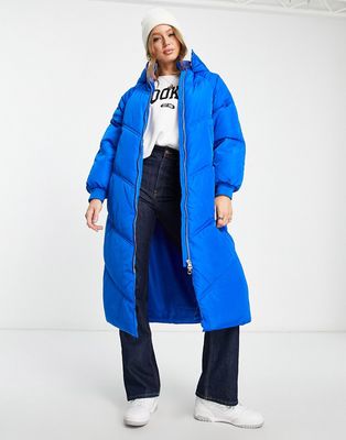 Pieces longline padded coat with hood in bright blue