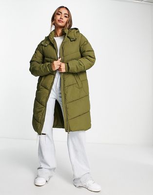 Pieces longline padded coat with hood in olive green-Black