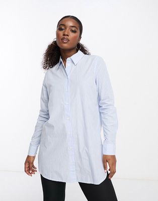 Pieces longline shirt in white & blue stripe-Multi