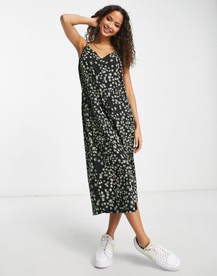 Pieces midi cami dress in black and green floral-Multi