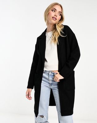 Pieces oversized collar belted coat in black