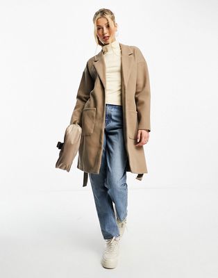 Pieces oversized collar belted coat in camel-Neutral