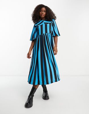 Pieces oversized collar detail midi dress in blue & black stripe-Multi