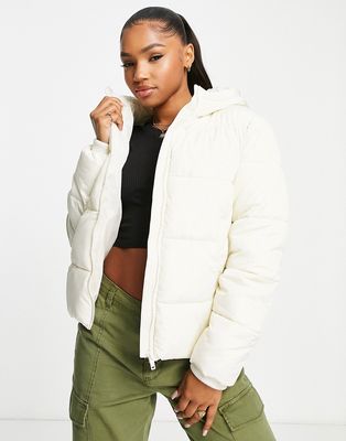 Pieces padded jacket with hood in cream-White