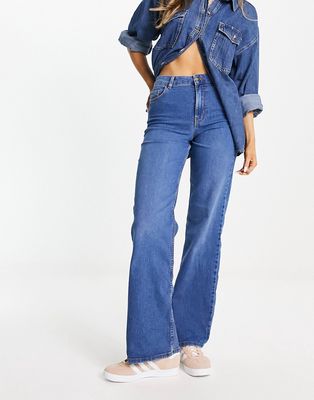 Pieces Peggy high waisted wide leg jeans in medium blue