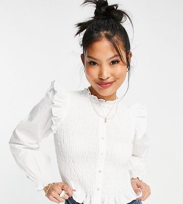 Pieces Petite cotton ruched shirt with grandad collar in white - WHITE