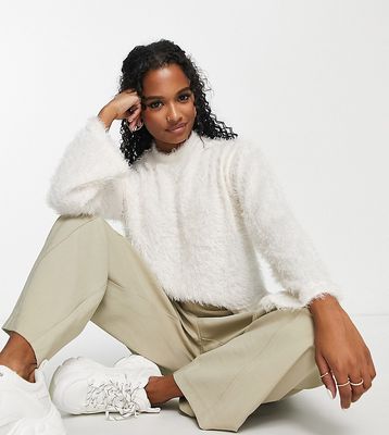 Pieces Petite exclusive high neck fluffy sweater in white