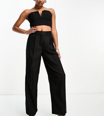 Pieces Petite exclusive wide leg pants with pleat detail in black
