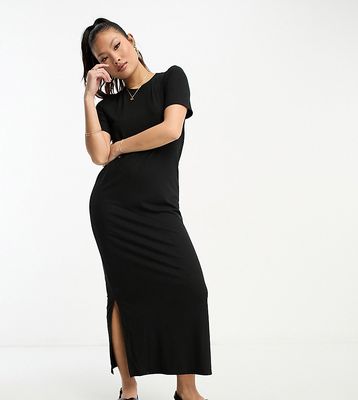Pieces Petite ribbed maxi t-shirt dress in black