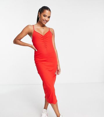Pieces Petite ruched front strappy midi dress in red