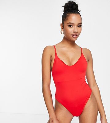 Pieces Petite strappy v-neck swimsuit in bright red