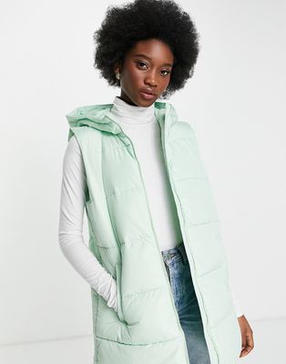 Pieces polyester padded vest with hood in pastel green - MGREEN