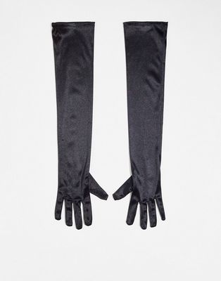 Pieces Premium long satin gloves in black