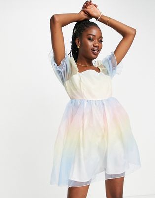 Pieces Premium puff sleeve organza mini dress in ombre pastel rainbow-Multi