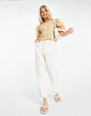 Pieces puff sleeve shirred detail blouse in camel-Brown