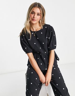 Pieces puff sleeve top in black polka dot - part of a set