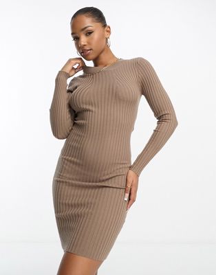 Pieces ribbed knit mini dress in camel-Neutral
