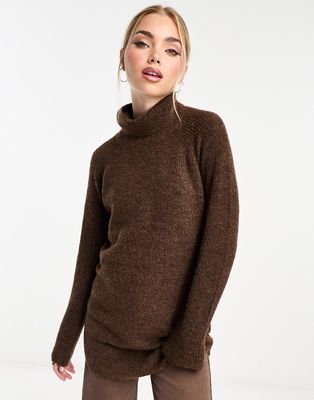 Pieces ribbed longline roll neck sweater in brown