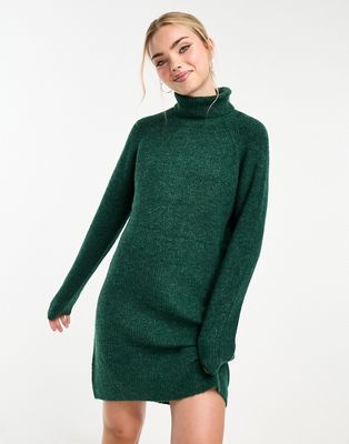Pieces roll neck mini sweater dress in dark green