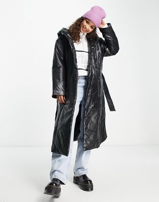 Pieces shiny padded longline coat with hood in black