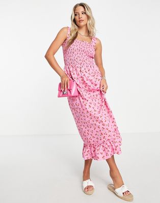 Pieces shirred midi dress in pink cherry print