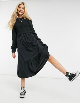 Pieces shirred midi dress with tiered skirt in black