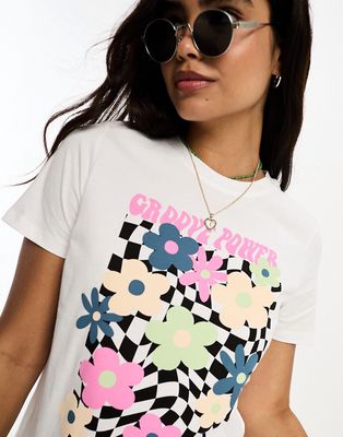 Pieces T-shirt with flower checkerboard print in white
