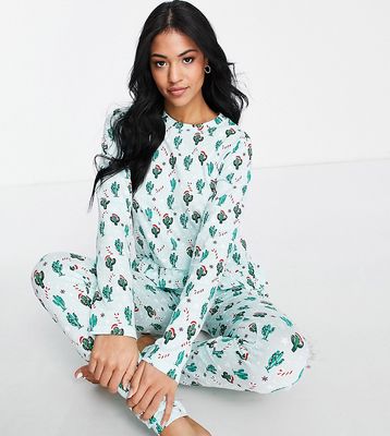 Pieces Tall Christmas pajama set in green cactus print-Multi