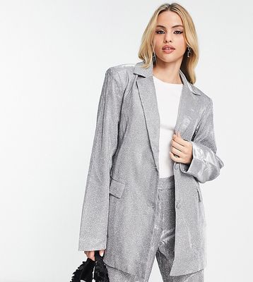 Pieces Tall exclusive glitter oversized blazer in silver - part of a set